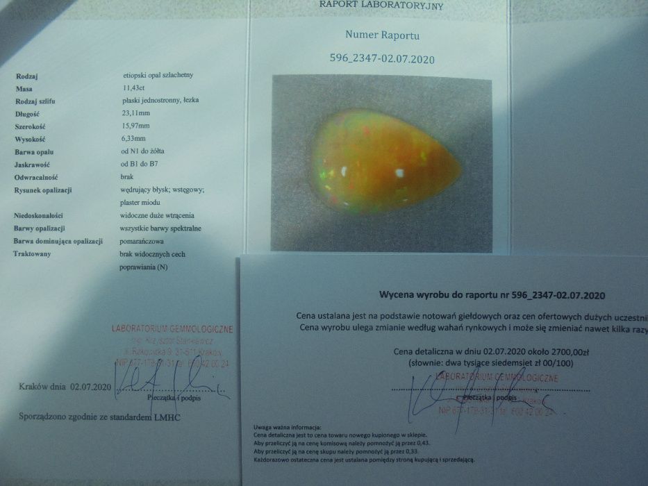 certyfikat duży naturalny opal etiopski 11.43 ct