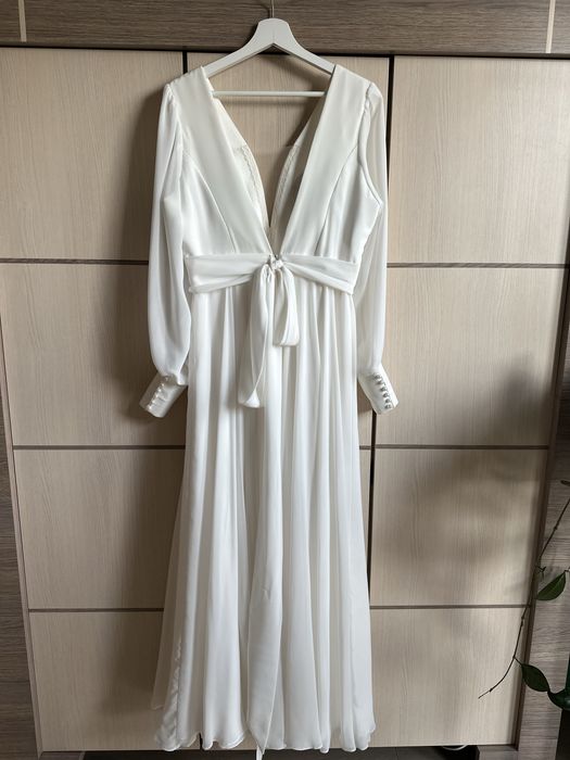 Sukienka ślubna jedwabna silk Ochocka Atelier długi rękaw super stan