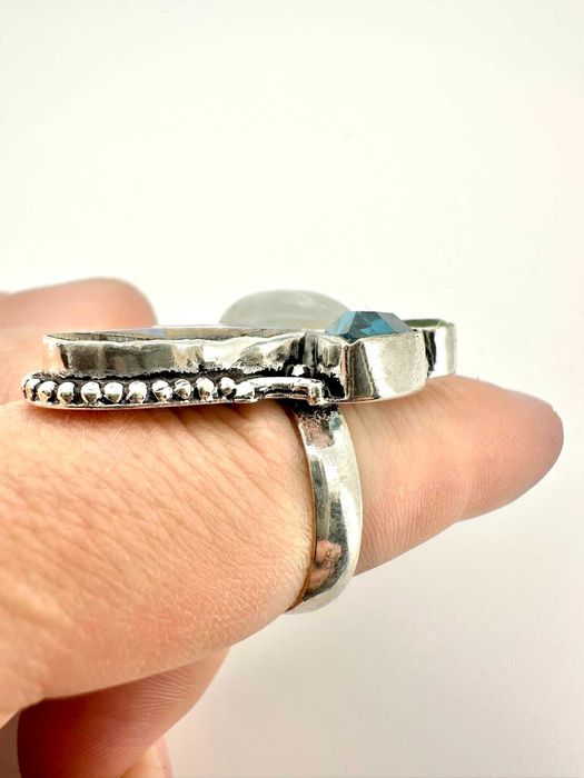 Pierścionek kamień księżycowy, topaz, muszla abalone paua. Próba 925