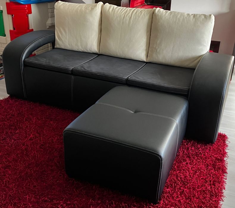 Sofá de 3 lugares em pele sintética com Chaise Longue