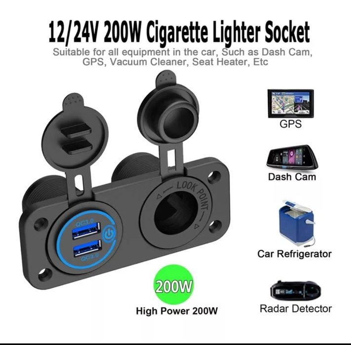 Tomada USB/tomada 12 volts