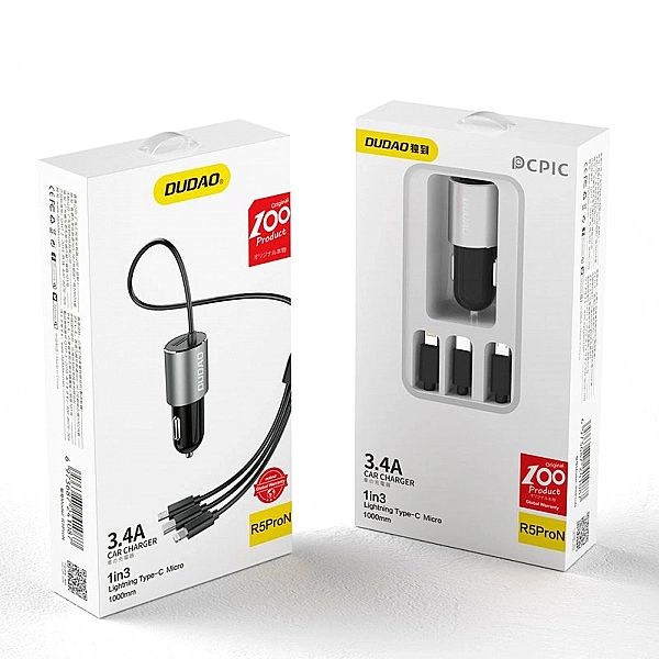Dudao 3w1 ładowarka samochodowa USB 3,4 A wbudowany kabel Lightning /