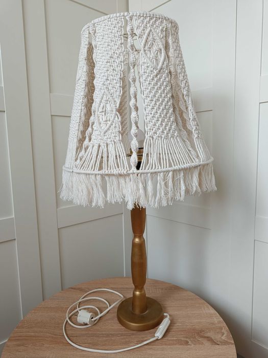 LAMPA stojąca nocna / Abażur z makramy kremowy / Wys. 80cm