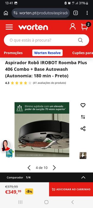 Aspirador Robô IROBOT Roomba Plus 406 Combo + Base Autowash (Autonomia