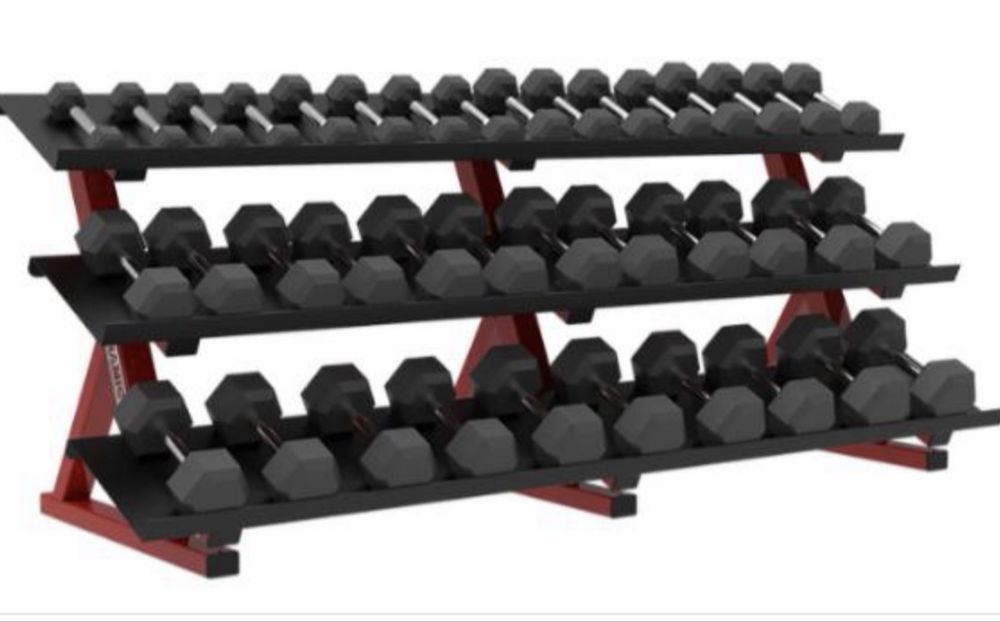 Estrutura e Set de Halteres Hexagonais 5kg aos 40kg (2,5kg em 2,5kg)