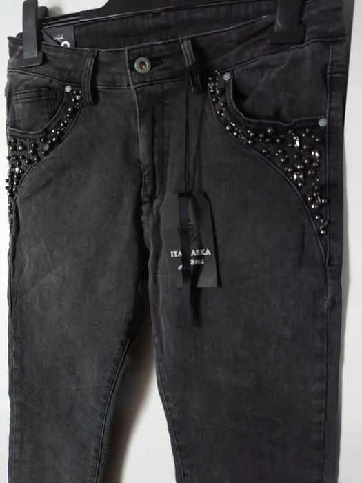Itaimaska Jeans Grafitowe Jeansy Kryształki Cyrkonie Perełki 48 XXXXL