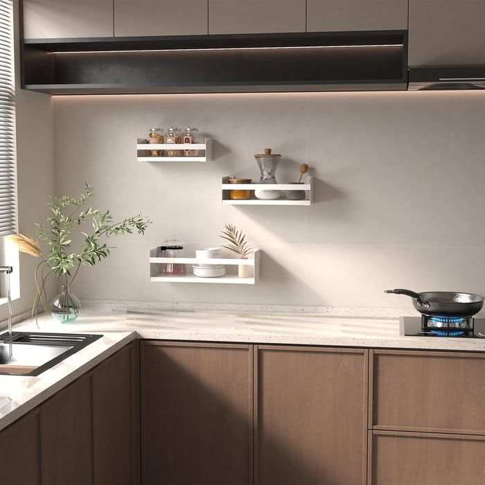 RLAVBL Zestaw 3 białych półek ściennych 40 cm – drewniane & metalowe