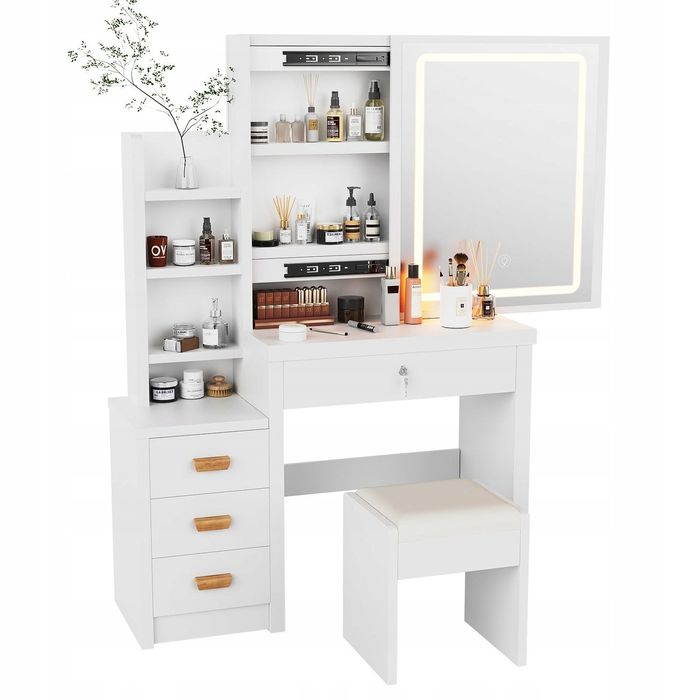 TOALETKA DO MAKIJAŻU z Lustrem LED i Taboretem dla Dziewczynki Kobiety