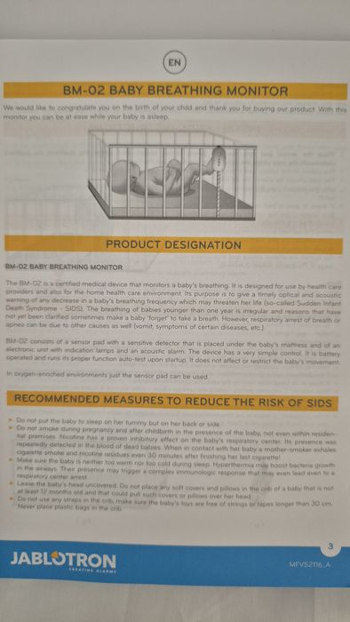 Monitor Respiratório Jablotron BM02 Nanny