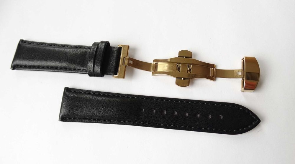 Czarny pasek do zegarka 22mm złota klamra motylkowa skórzany