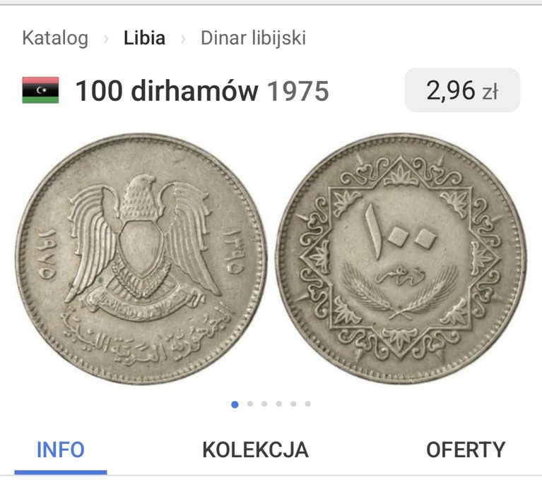 Moneta 100 dirhamów libijskich z 1975 r