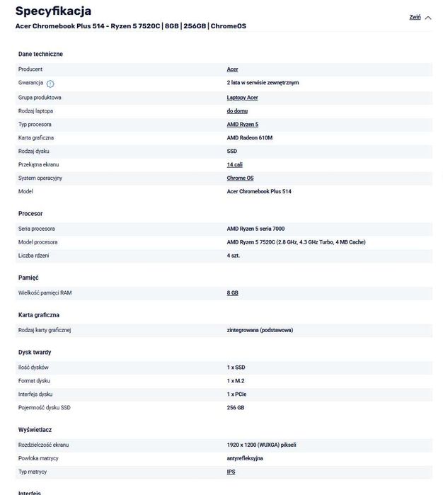 Laptop Acer Chromebook Plus 514 na gwarancji