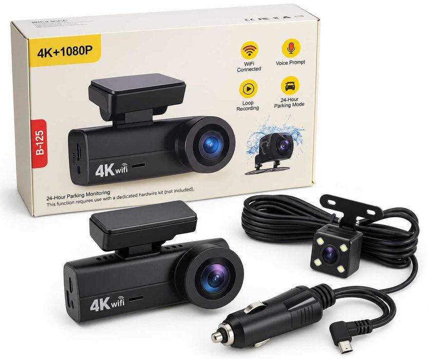 Wideorejestrator B-125 4K+1080P WiFi Kamera Samochodowa Przód + Tył