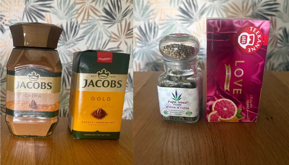 Nowa cena! Kawa Jacobs mielona i rozpuszczalna herbata owocowa Teekanne i konopna Papa Weed wiśnie w rumie