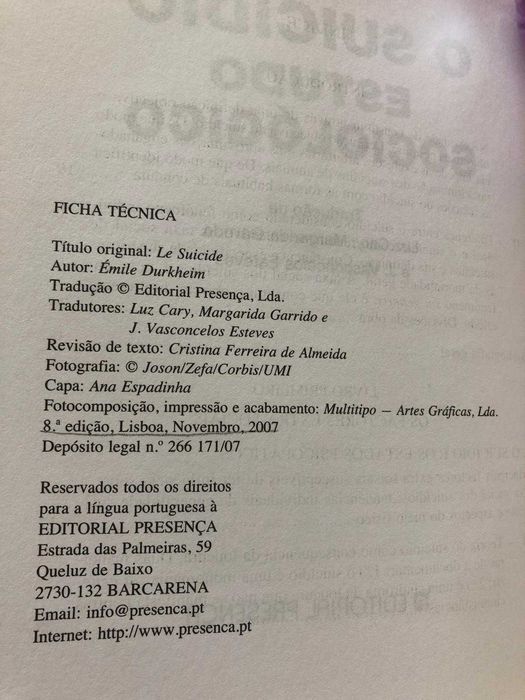 O Suicídio, Estudo Sociológico - E. Durkheim - Ótimo Estado | Portes Grátis