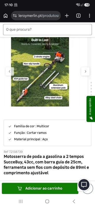 Motosserra de poda a gasolina a 2 tempos SucceBuy, 43cc, com barra guia de 25cm, ferramenta sem fios com depósito de 89ml e comprimento ajustável