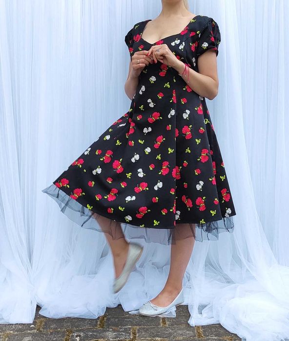 Sukienka Joe Browns midi 48 4XL plus size retro pin up czarna kwiaty