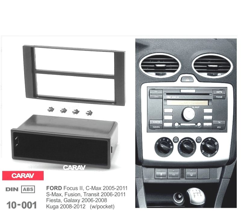 MOLDURA ADAPTADOR PRETO PARA RADIO 1-DIN PARA FORD FOCUS C-MAX S-MAX FUSION TRANSIT FIESTA GALAXY KUGA COM BURACO