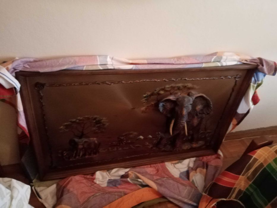 Quadro Africano com 2 Elefantes em relevo