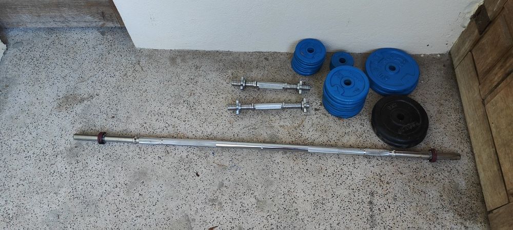 Kit Musculação Completo 46kg Anilhas + Barra Longa Reta + 2 Halteres