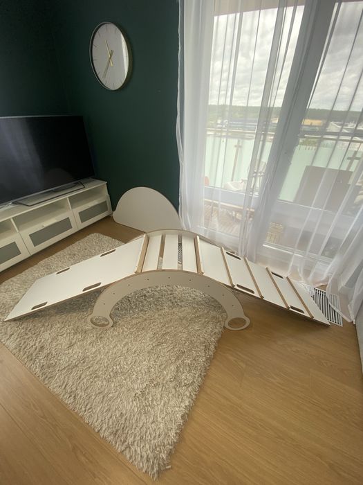 Bujak drewniany, zestaw, blat, drabinka, zjeżdżalnia, bujak montessori