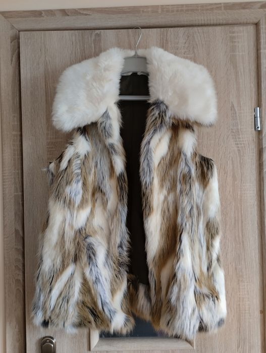Długa futrzana kamizelka futro futerko panterka z kołnierzem