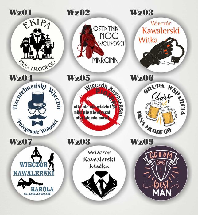 Przypinka na WIECZÓR KAWALERSKI button z agrafką ekipa pana młodego