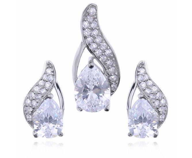 Rodowany Srebrny Komplet Łezki Białe Cyrkonie Z0612K_W