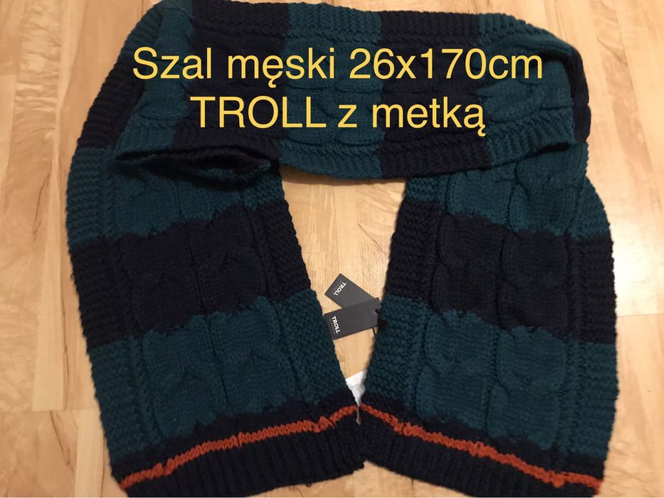Szal, szalik męski Troll zielony granat , 26 x 170 cm nowy z metką