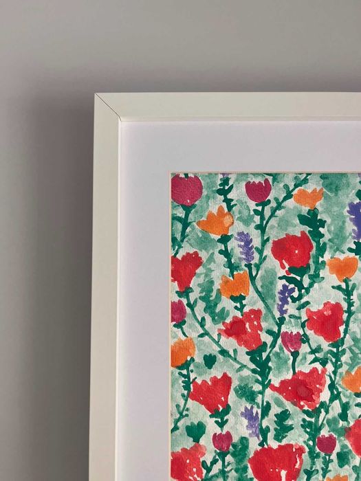 Quadro - Pintura abstrata (floral) em aguarela com moldura