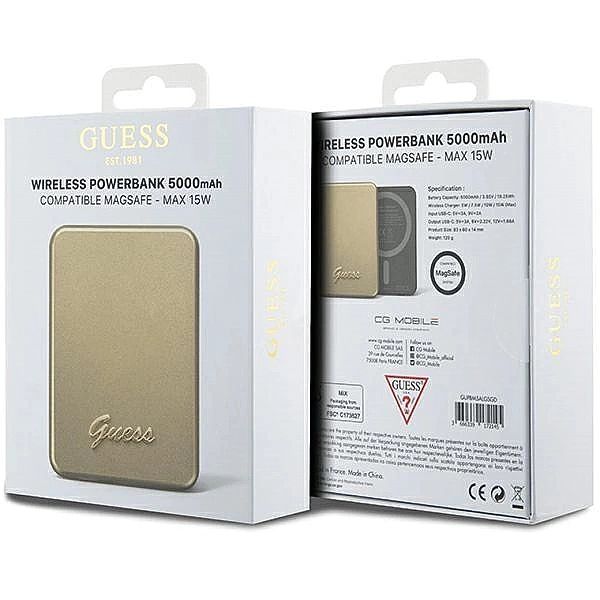 Powerbank indukcyjny Guess MagSafe Metal Script Logo 15W 5000mAh - zło