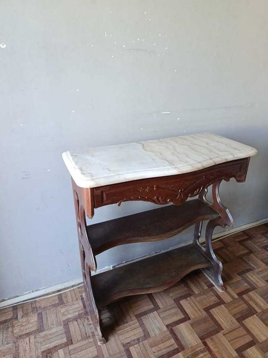 Consola antiga em madeira maciça e tampo em mármore com gaveta oculta