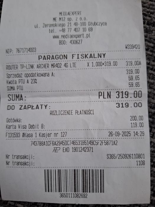 Router TP-LINK Archer MR402 2.4 / 5 GHz, Wi-Fi Mesh, Gniazdo SIM.