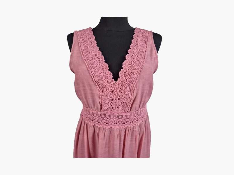 Sukienka maxi Rebellion, pudrowy róż, koronka boho L/40