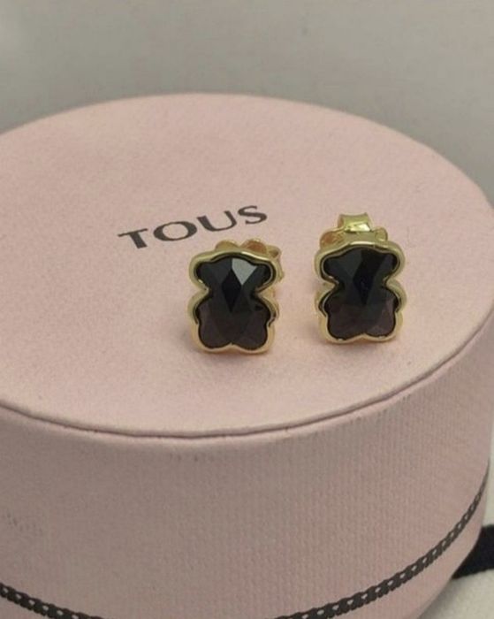 Kolczyki z misiem 10 mm żółte srebro vermeil 925 z onyksem