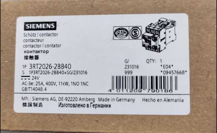 Stycznik mocy 25A 3P 24V DC 1Z 1R S0 3RT2026‑2BB40 SIEMENS