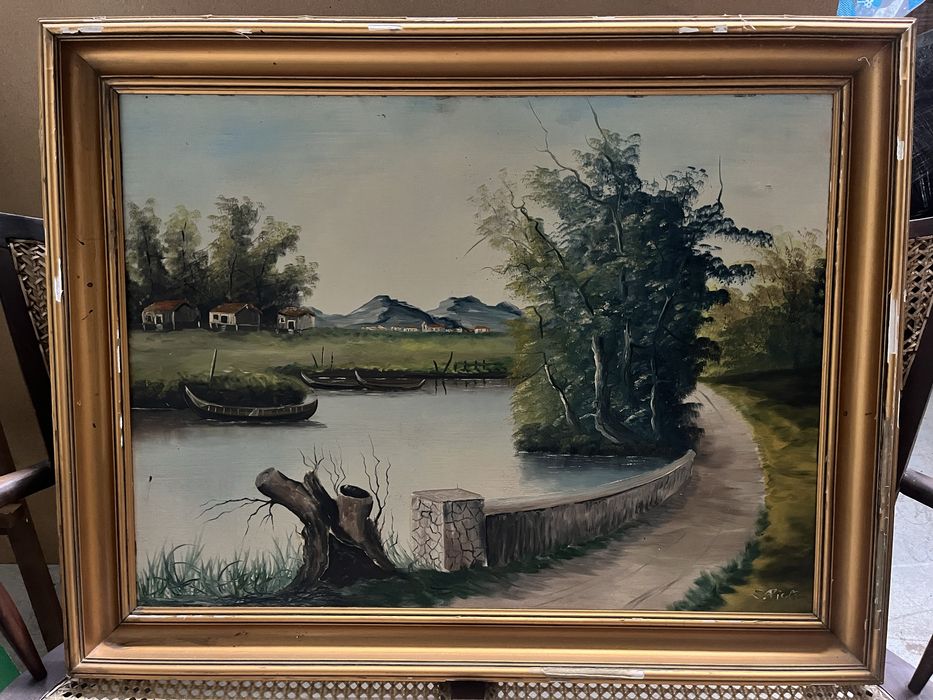 Quadro a óleo assinado S. Pica – paisagem com rio