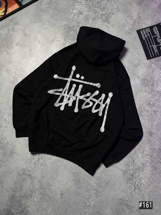 Черное Худи Stussy Basic » Новая Толстовка Стусси Базовое » Большой Принт Зипка » XS-XXL