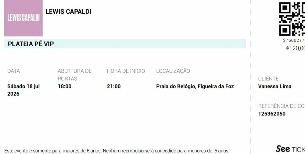 2 Bilhetes VIP Lewis Capaldi