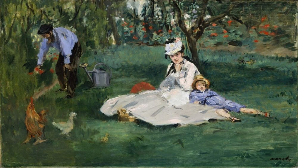 Eduard Manet - The Monet Family in the Garden  - reprodukcja płótno na ramie , farby  Epson,  100 cm x 70 cm.