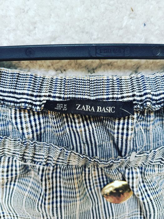 Zara Basic sukienka tunika w kratę, bufiaste rękawy, pasek w talii, zł