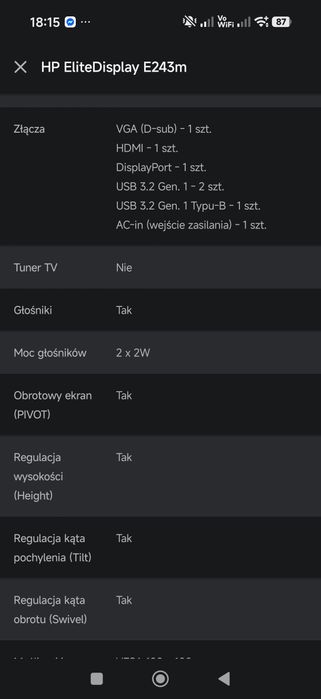 Monitor HP E243m + Kabel zasilajacy oraz HDMI