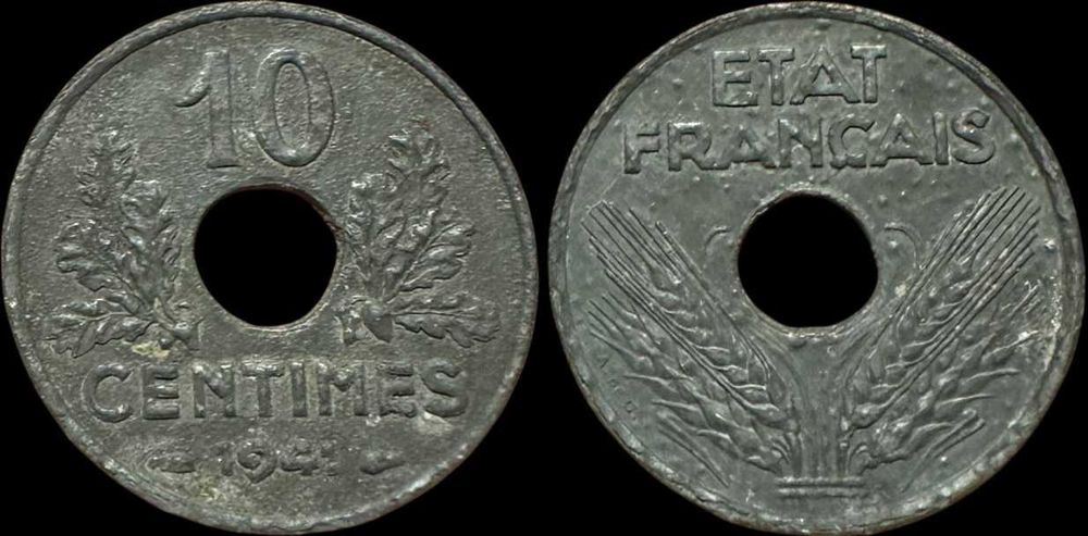 10 Centimes - 1941 - França - Estado Vichy - Zinco (Módulo Maior)
