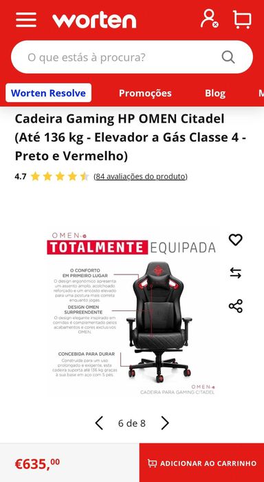 Gamer chair Omen Citadel. Nova por 635 euros na Worten.