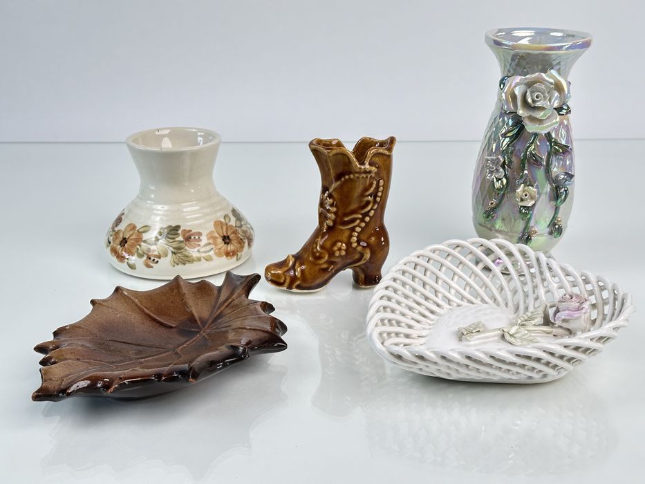 Zestaw ceramiki vintage PRL + dekoracje – wazony, patera, koszyczek