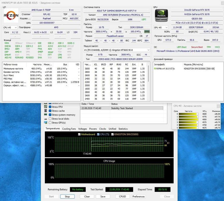 Материнська плата Asus Tuf Gaming B850M-Plus Wifi7 W (AM5) 7000-9000 AMD
