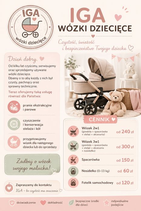 Czyszczenie,  pranie wózków dziecięcych i fotelików