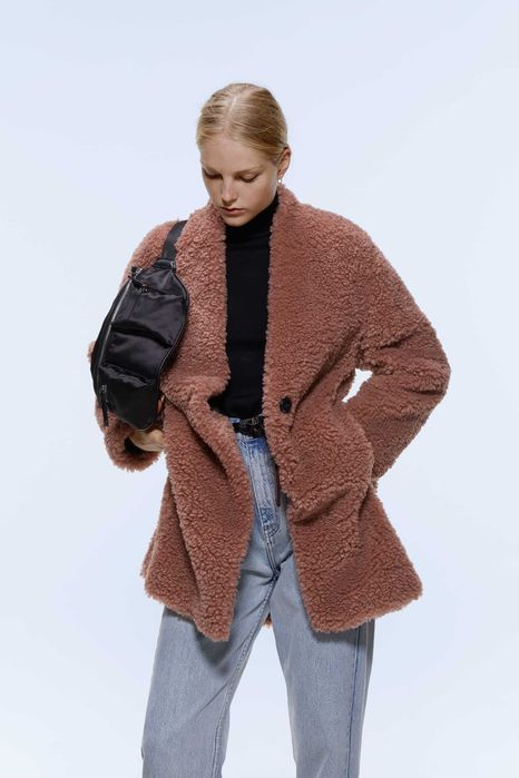 Płaszcz płaszczyk Zara oversize 38 M miś Teddy różowy róż misiek