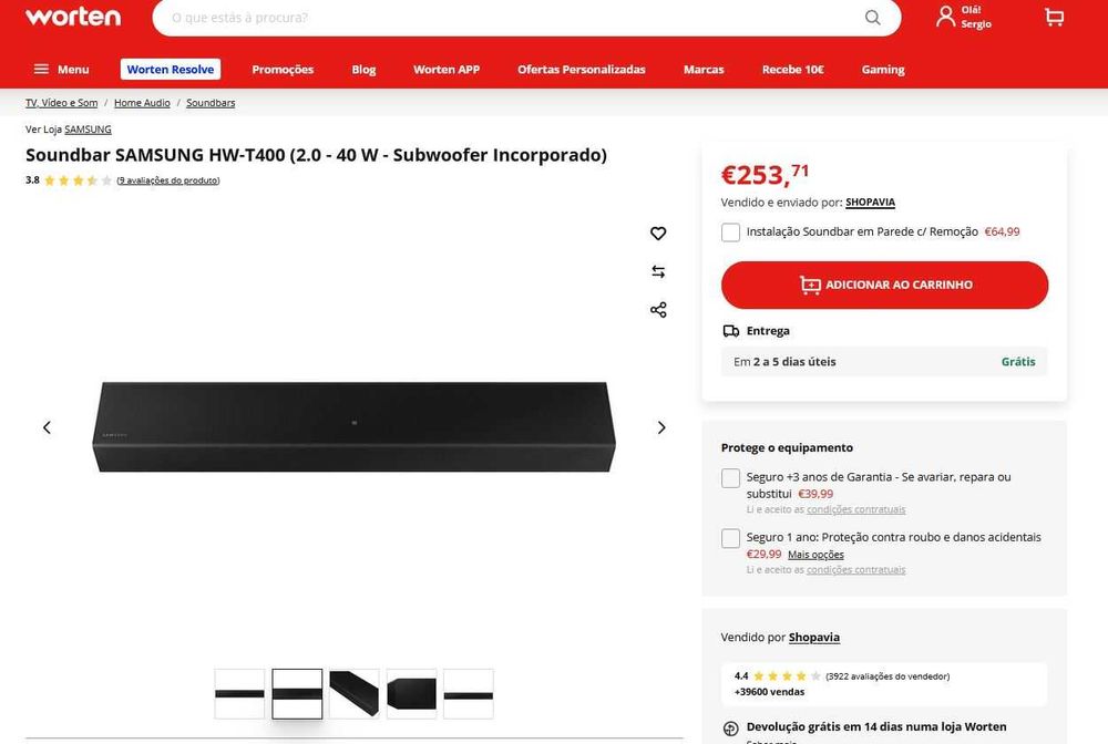 Soundbar SAMSUNG HW-T400 (2.0 - 40 W - Built-in Subwoofer)64552718054785120