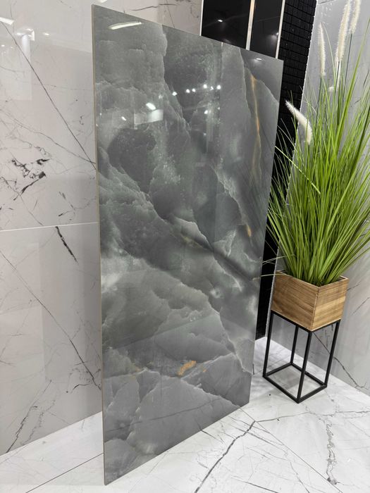 Gres 120x60 grafit onyks złote żyły WYSOKI połysk premium ściana podło